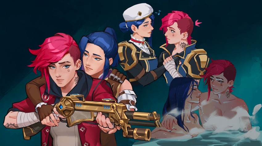 vi, caitlyn, arcane vi, and arcane caitlyn (league of legends and 1 more) drawn by toodlingart