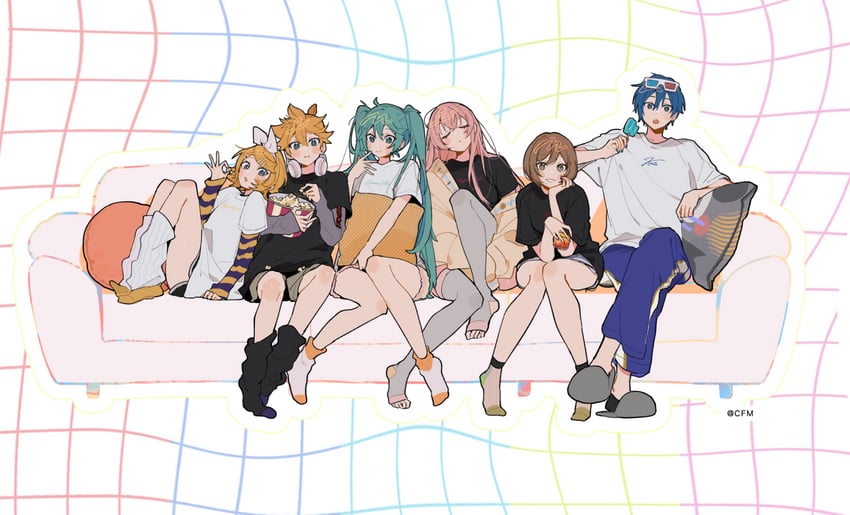 hatsune miku, kagamine rin, kagamine len, megurine luka, kaito, and 1 more (vocaloid) drawn by hassan_(sink916)