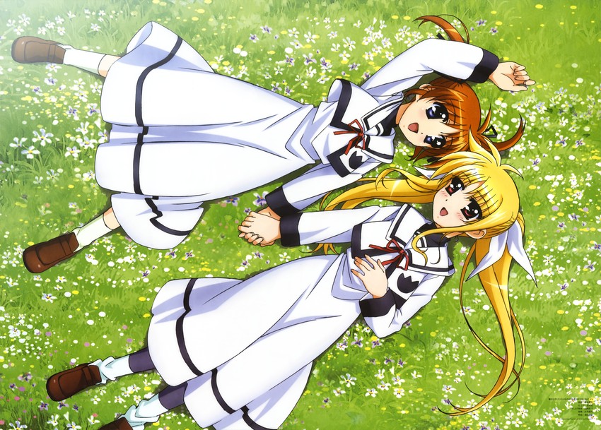 fate testarossa and takamachi nanoha (lyrical nanoha and 3 more) drawn by hashimoto_takayoshi and okuda_yasuhiro