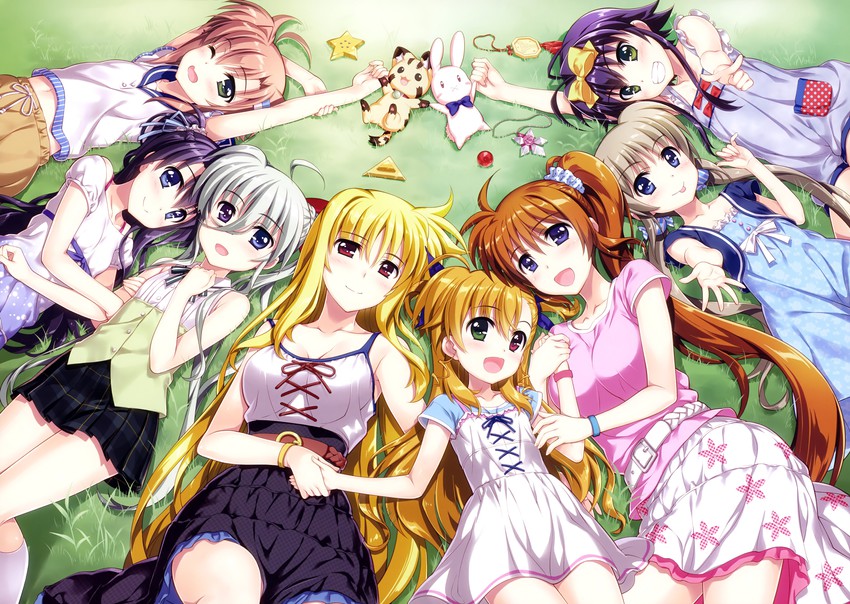 fate testarossa, takamachi nanoha, raising heart, bardiche, vivio, and 10 more (lyrical nanoha and 1 more) drawn by fujima_takuya