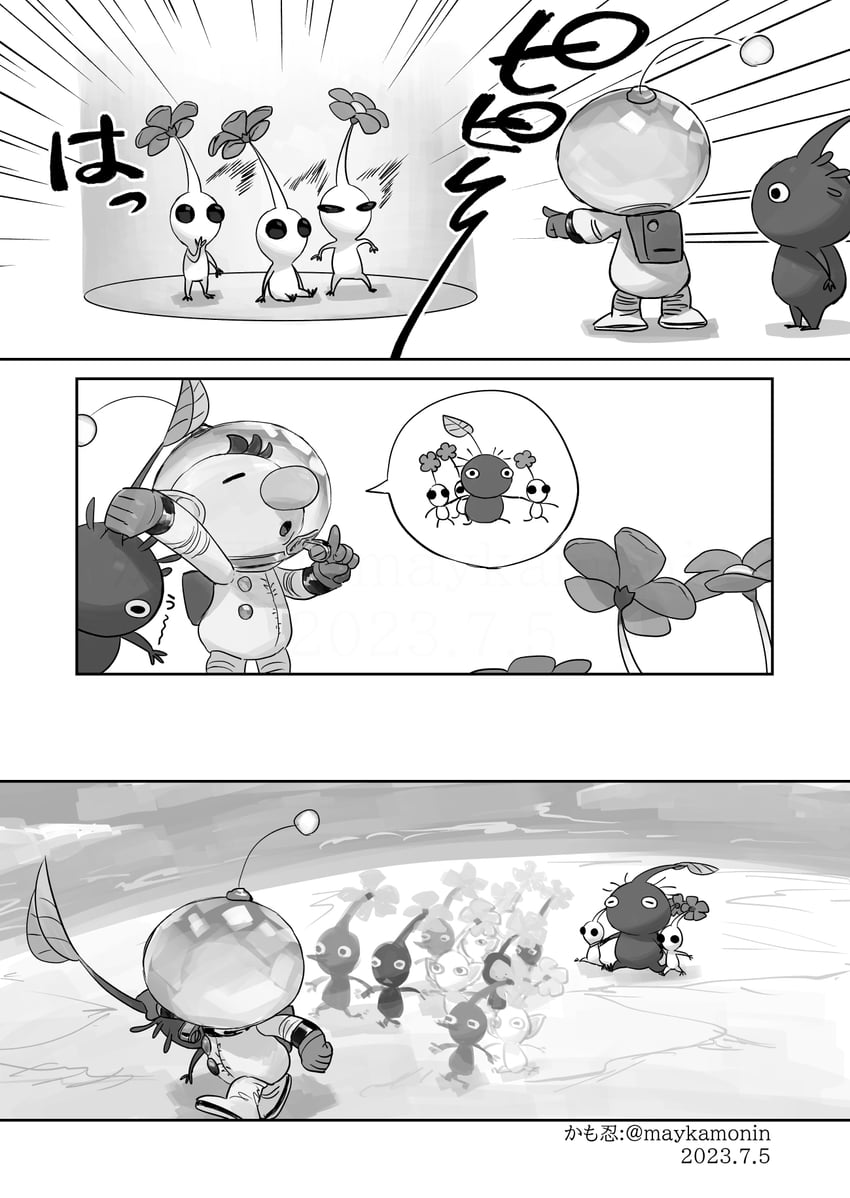 red pikmin, olimar, yellow pikmin, blue pikmin, purple pikmin, and 1 more (pikmin) drawn by maykamonin