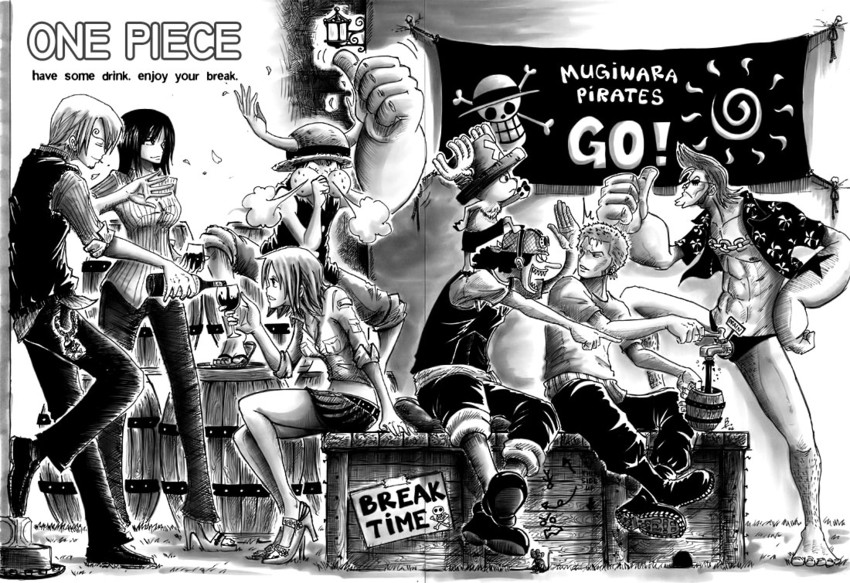 nami, monkey d. luffy, nico robin, roronoa zoro, sanji, and 3 more (one piece) drawn by e1n