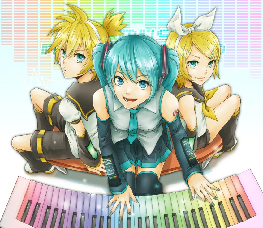 hatsune miku, kagamine rin, and kagamine len (vocaloid) drawn by momopanda