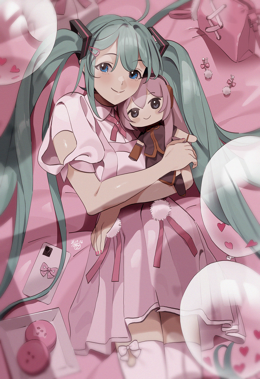 hatsune miku and megurine luka (vocaloid) drawn by momonosa_oekaki