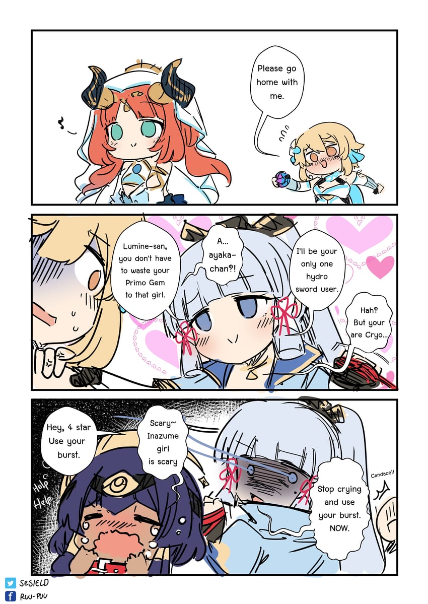 lumine, kamisato ayaka, nilou, and candace (genshin impact) drawn by sesield