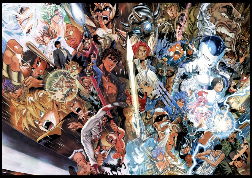 son goku, dio brando, uchiha sasuke, kurosaki ichigo, tony tony chopper, and 53 more (jojo no kimyou na bouken and 45 more) drawn by murata_yuusuke
