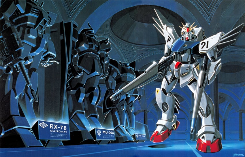 rx-78-2 gundam, zaku ii s char custom, f91 gundam, gelgoog, and gelgoog s char custom (gundam and 2 more) drawn by ookawara_kunio
