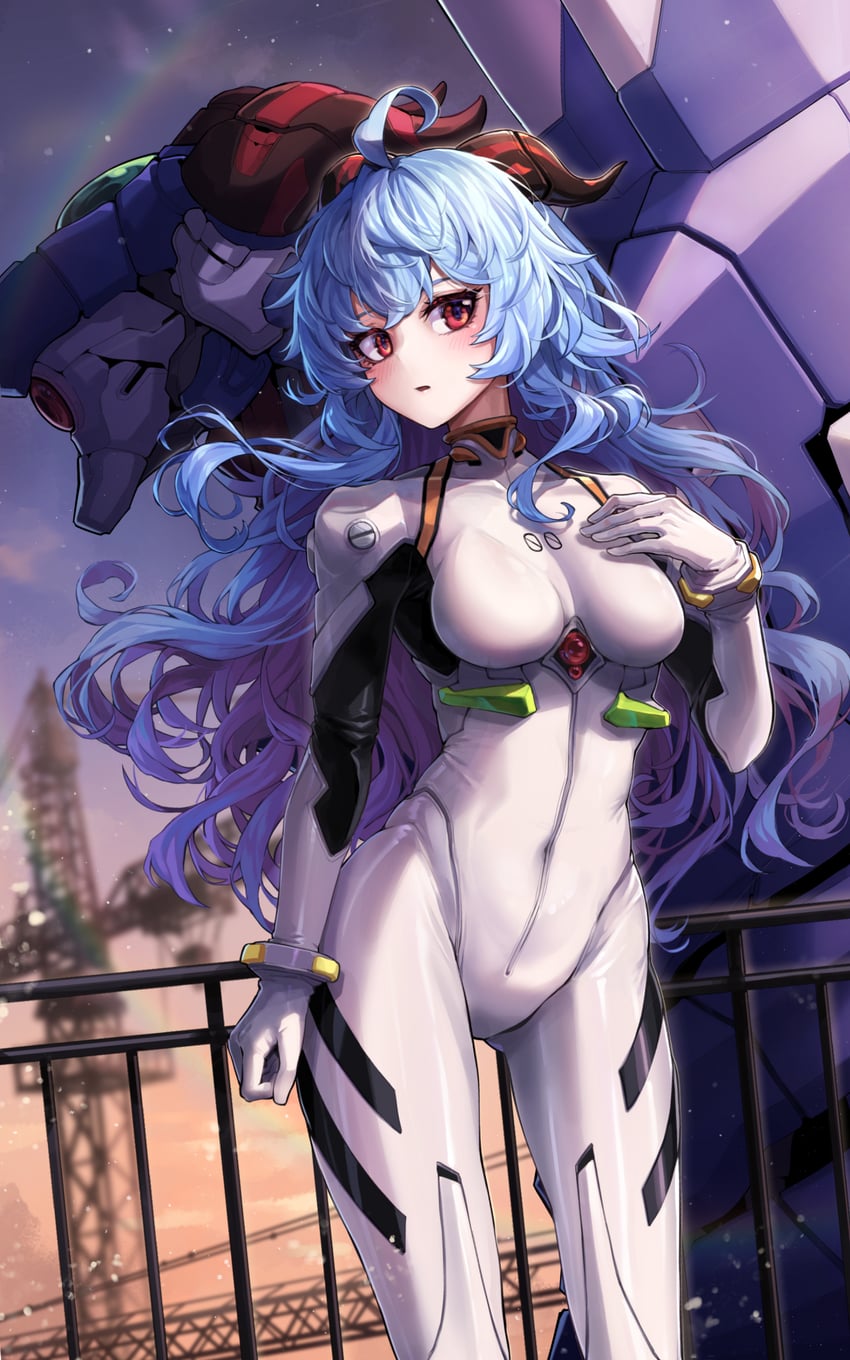 ganyu, ayanami rei, and eva 00 (genshin impact and 1 more) drawn by kokukyukeo