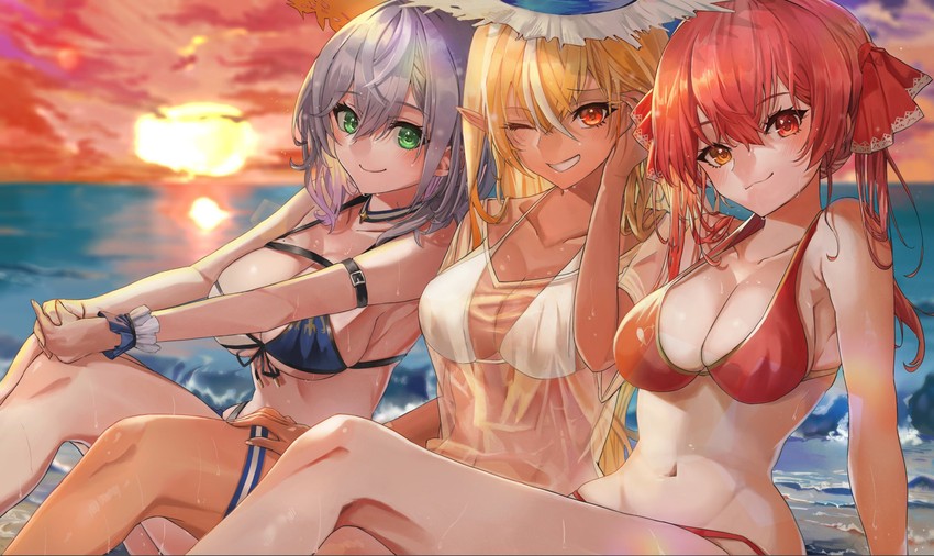 houshou marine, shirogane noel, and shiranui flare (hololive) drawn by sanada_keisui