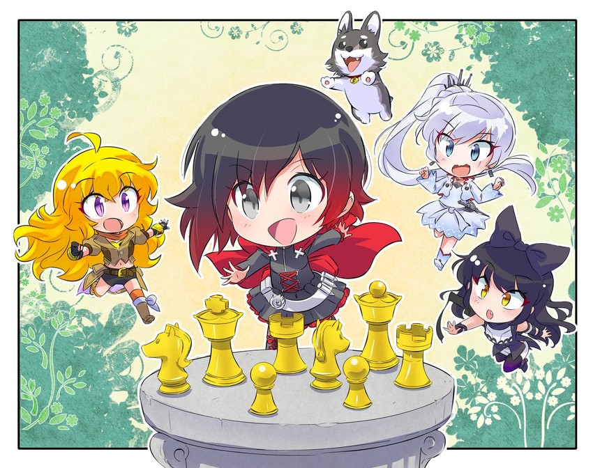 ruby rose, weiss schnee, yang xiao long, blake belladonna, and zwei (rwby) drawn by iesupa