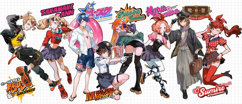 takamaki anne, sakura futaba, niijima makoto, okumura haru, akechi gorou, and 2 more (persona and 2 more) drawn by bibi_booom