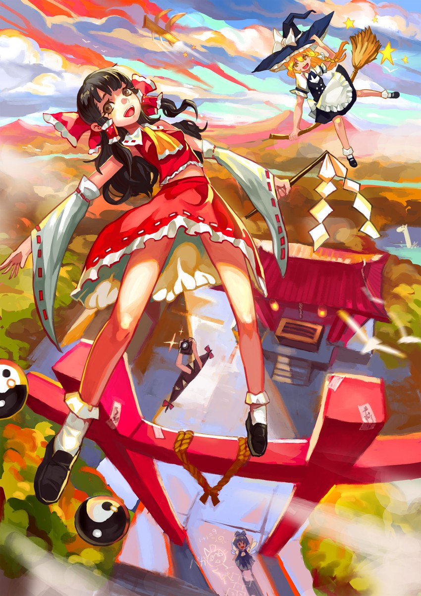 hakurei reimu, kirisame marisa, and cirno (touhou) drawn by catsila