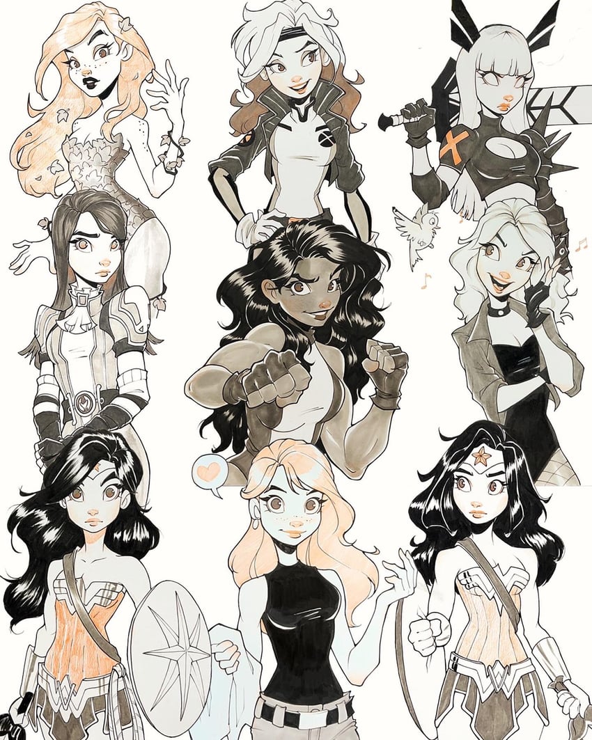 caitlyn, arcane caitlyn, wonder woman, magik, poison ivy, and 5 more (league of legends and 4 more) drawn by chrissie_zullo
