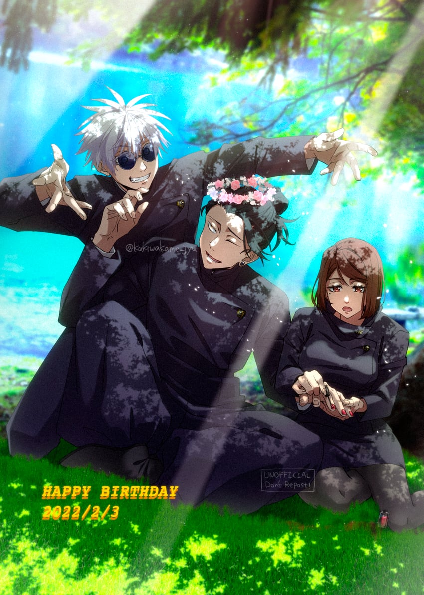gojou satoru, getou suguru, and ieiri shoko (jujutsu kaisen) drawn by kurimilove