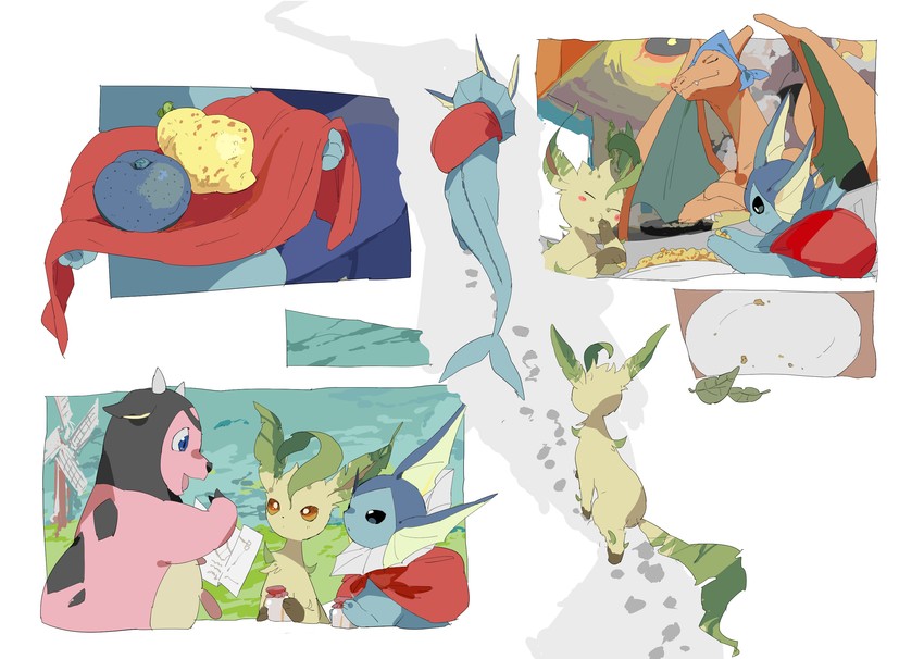charizard, vaporeon, leafeon, and miltank (pokemon) drawn by apios