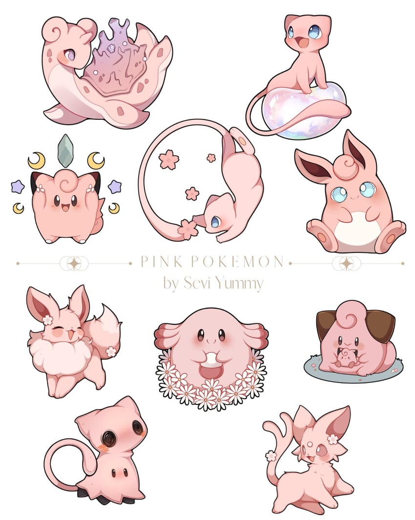 eevee, mimikyu, espeon, jigglypuff, mew, and 4 more (pokemon) drawn by sevi_(seviyummy)