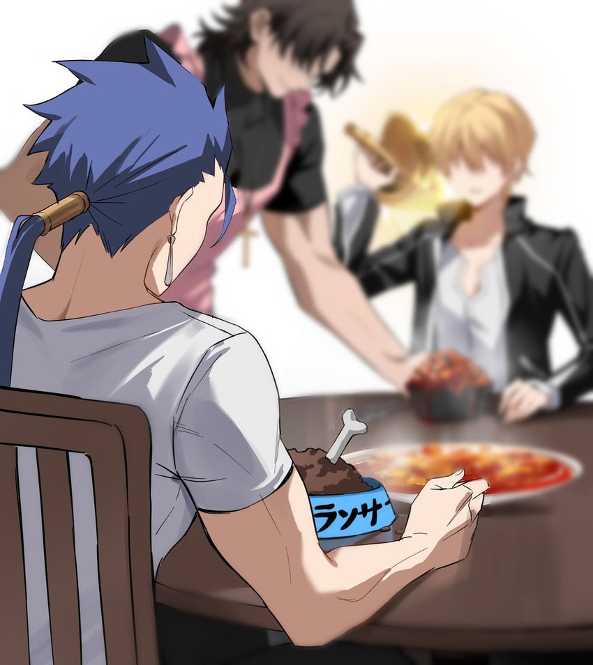 gilgamesh, kotomine kirei, and cu chulainn (fate and 1 more) drawn by rijjin