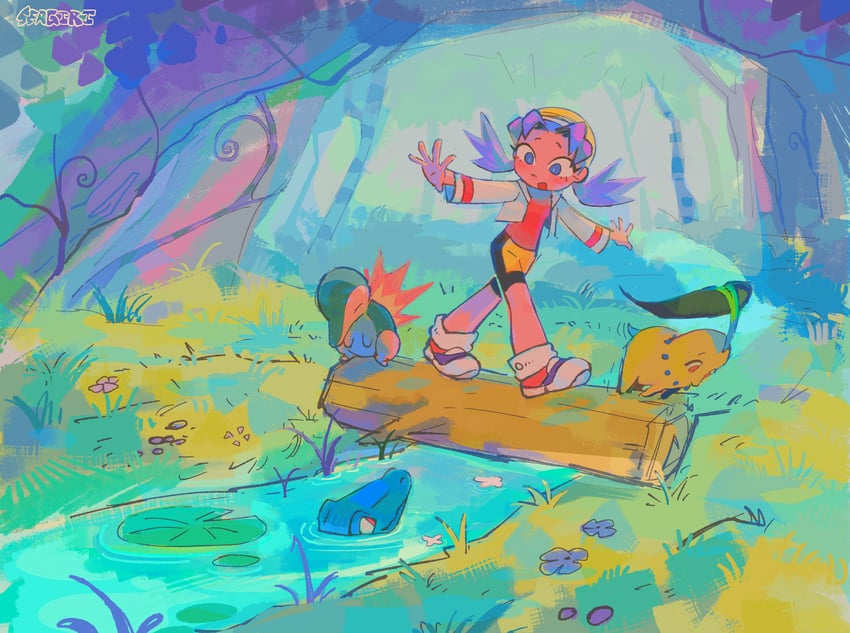 kris, cyndaquil, chikorita, and totodile (pokemon and 1 more) drawn by seagiri