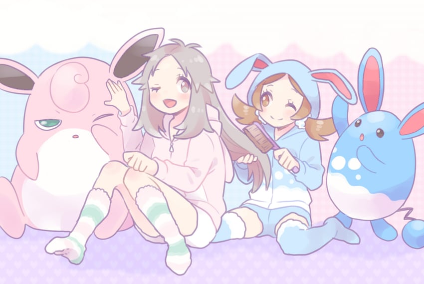 leaf, lyra, azumarill, and wigglytuff (pokemon and 2 more) drawn by pumpkinpan