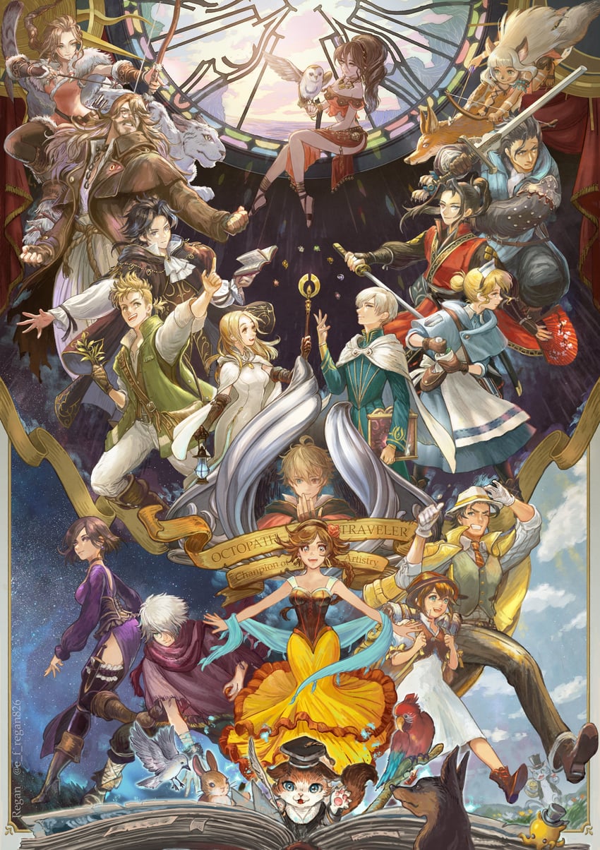 therion, tressa colzione, ophilia clement, primrose azelhart, cyrus albright, and 15 more (octopath traveler and 3 more) drawn by regan_(hatsumi)