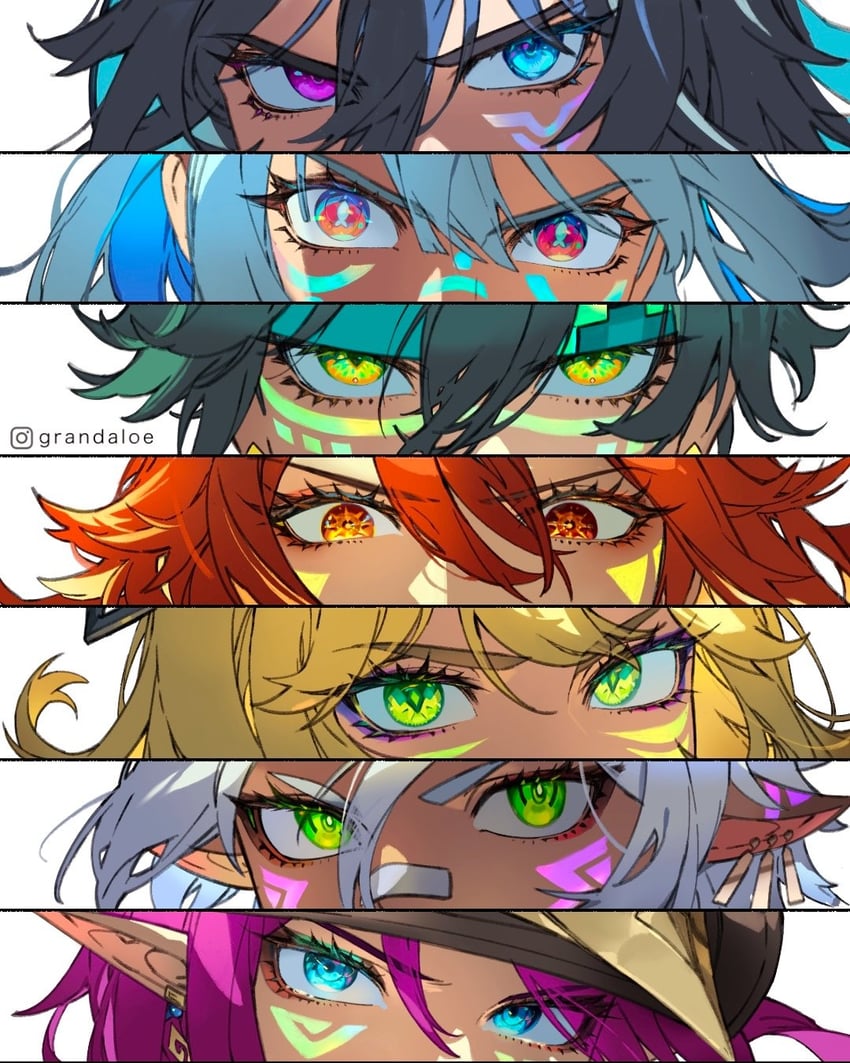 mavuika, mualani, kinich, xilonen, ororon, and 2 more (genshin impact) drawn by grandaloe