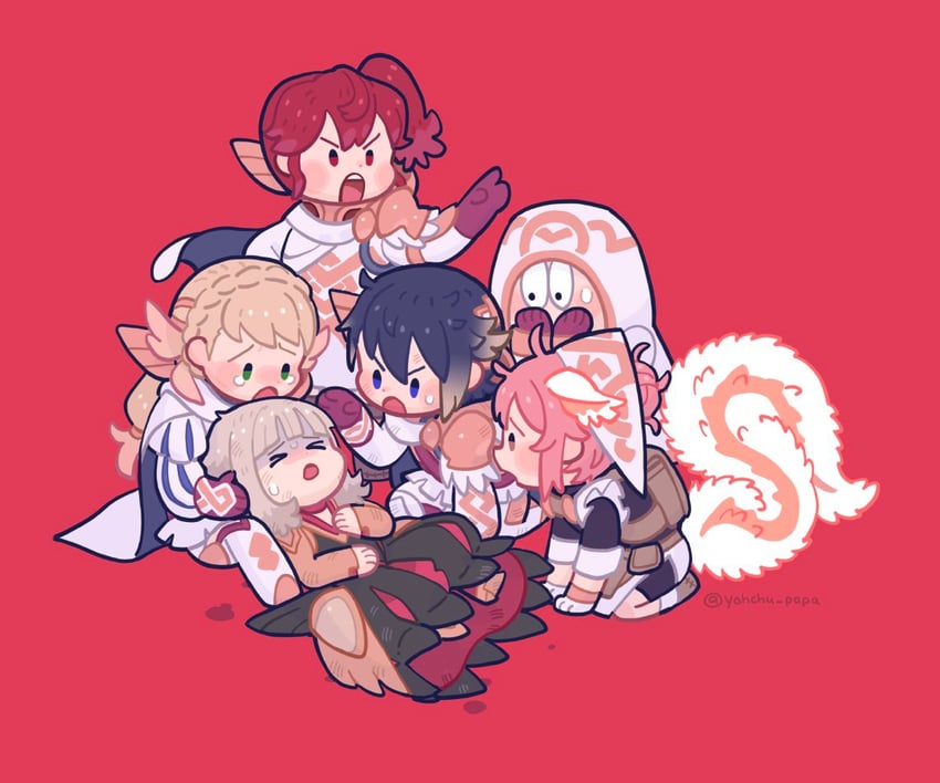 kiran, anna, sharena, veronica, alfonse, and 1 more (fire emblem and 1 more) drawn by mushi_rags