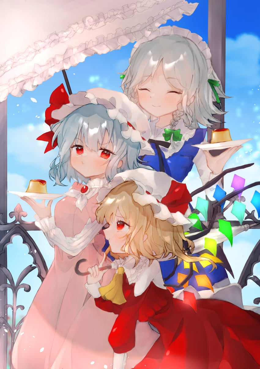 remilia scarlet, flandre scarlet, and izayoi sakuya (touhou) drawn by omodaka_romu