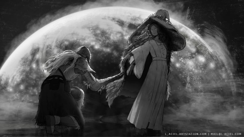 ranni the witch, tarnished, and bloody wolf (elden ring) drawn by l_aciel