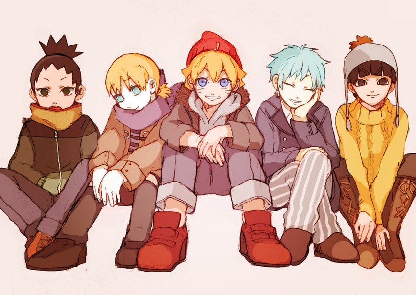 uzumaki boruto, mitsuki, yamanaka inojin, nara shikadai, and metal lee (naruto) drawn by spike_(fluffyspiky)