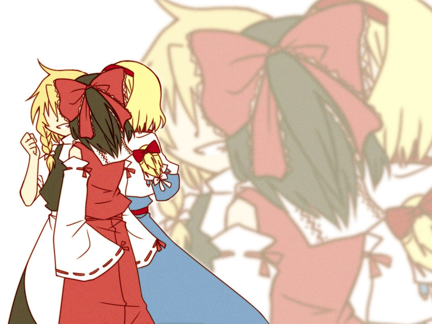 hakurei reimu, kirisame marisa, alice margatroid, and shanghai doll (touhou) drawn by rebi