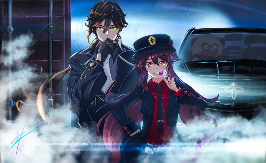 hu tao, zhongli, and boo tao (genshin impact) drawn by azu_no_kiyomori