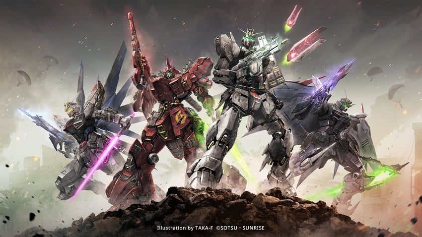 nu gundam, sazabi, freedom gundam, and gundam deathscythe (gundam and 5 more) drawn by taka-f