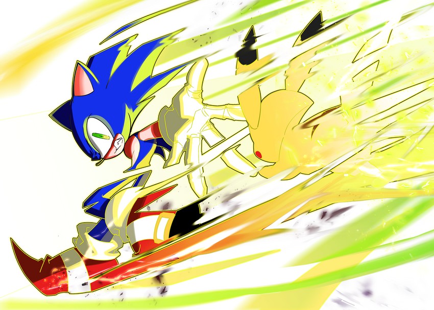 pikachu and sonic the hedgehog (pokemon and 2 more) drawn by sol_(tteum93)