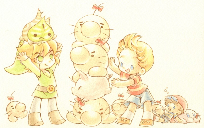link, kirby, toon link, ness, lucas, and 3 more (the legend of zelda and 6 more) drawn by nekomaru_(penguin_cola)