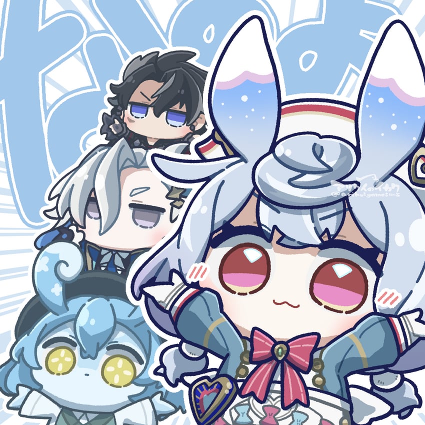 neuvillette, wriothesley, sigewinne, and mela (genshin impact) drawn by arikuigames1105