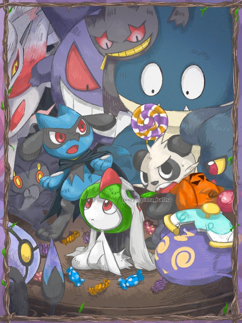 gengar, ralts, chandelure, riolu, banette, and 6 more (pokemon) drawn by piora