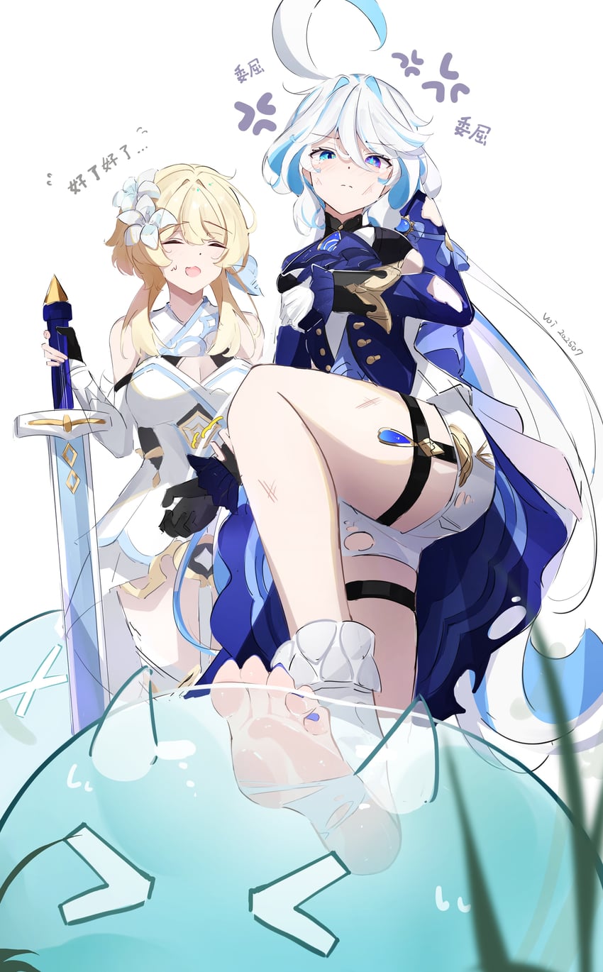 lumine, furina, slime, and hydro slime (genshin impact) drawn by voi_271
