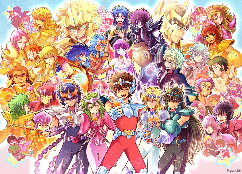 kido saori, pisces aphrodite, pegasus seiya, aries muu, athena, and 34 more (saint seiya and 6 more) drawn by guilty_(deathqueen)
