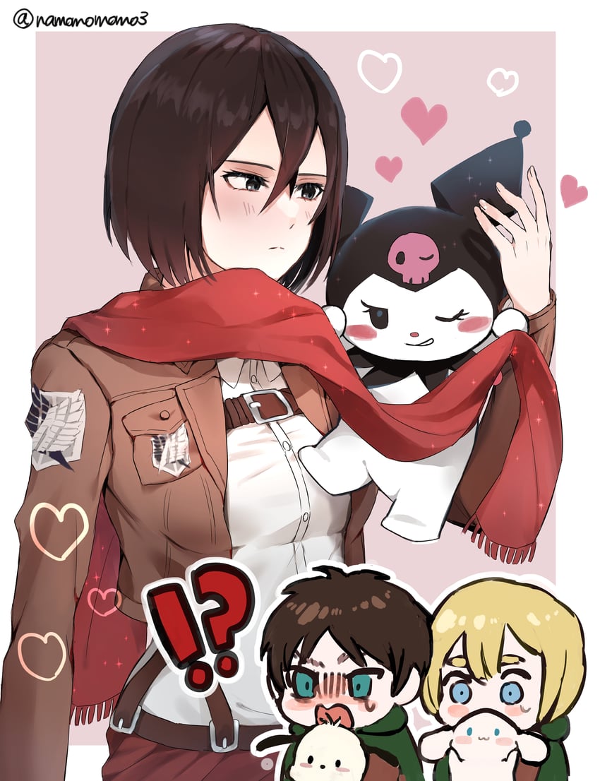 mikasa ackerman, eren yeager, cinnamoroll, armin arlert, kuromi, and 1 more (shingeki no kyojin and 3 more) drawn by meru1029
