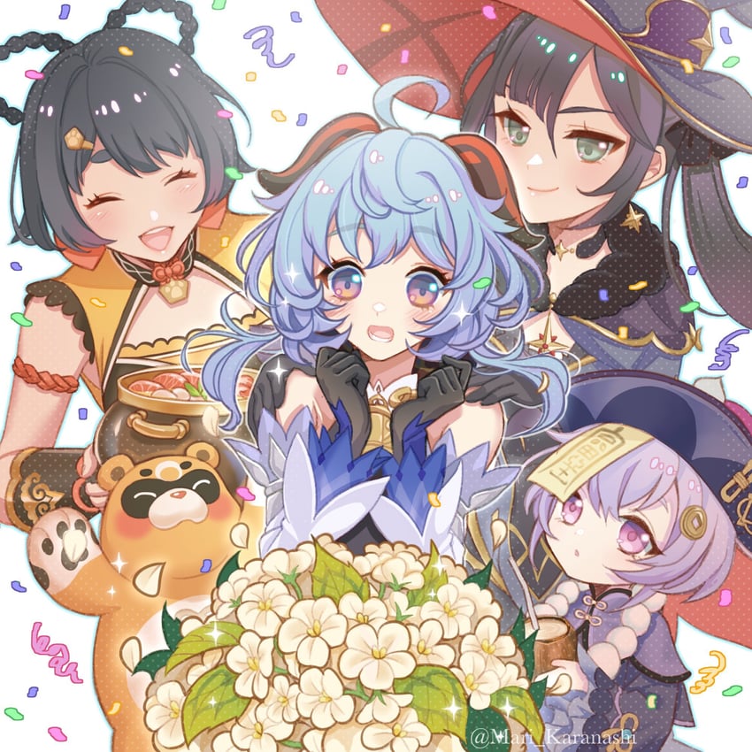 ganyu, mona, qiqi, xiangling, and guoba (genshin impact) drawn by karanashi_mari