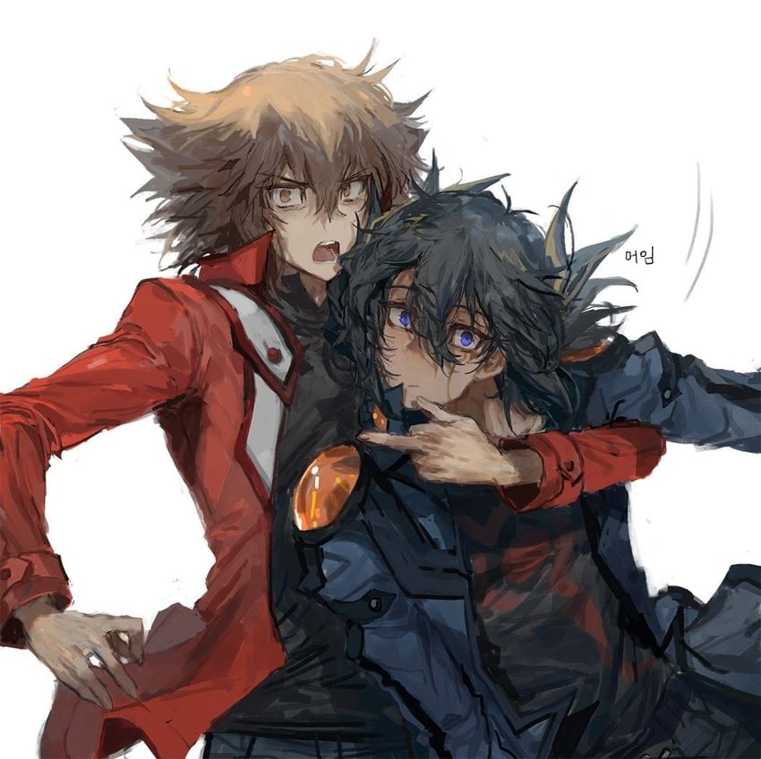 yuki judai and fudo yusei (yu-gi-oh! and 2 more) drawn by momentcorefly