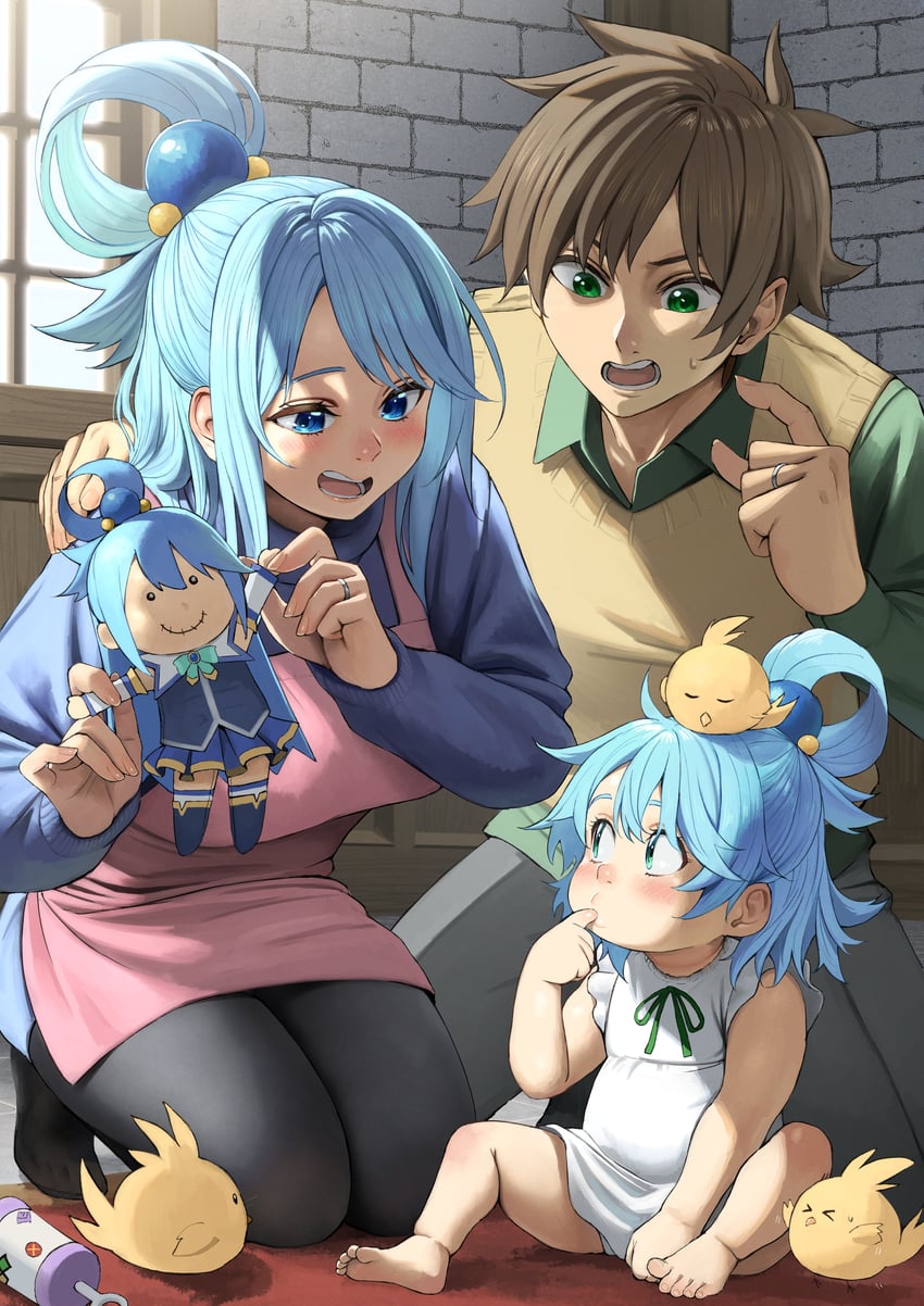 aqua and satou kazuma (kono subarashii sekai ni shukufuku wo!) drawn by izawa_(bhive003)