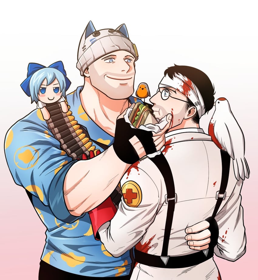 cirno, medic, heavy, red medic, blu heavy, and 2 more (touhou and 1 more) drawn by sdz_(inazuma)