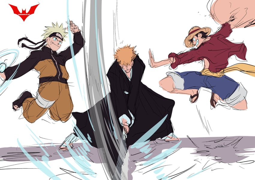 monkey d. luffy, uzumaki naruto, and kurosaki ichigo (one piece and 4 more) drawn by batm_andrew