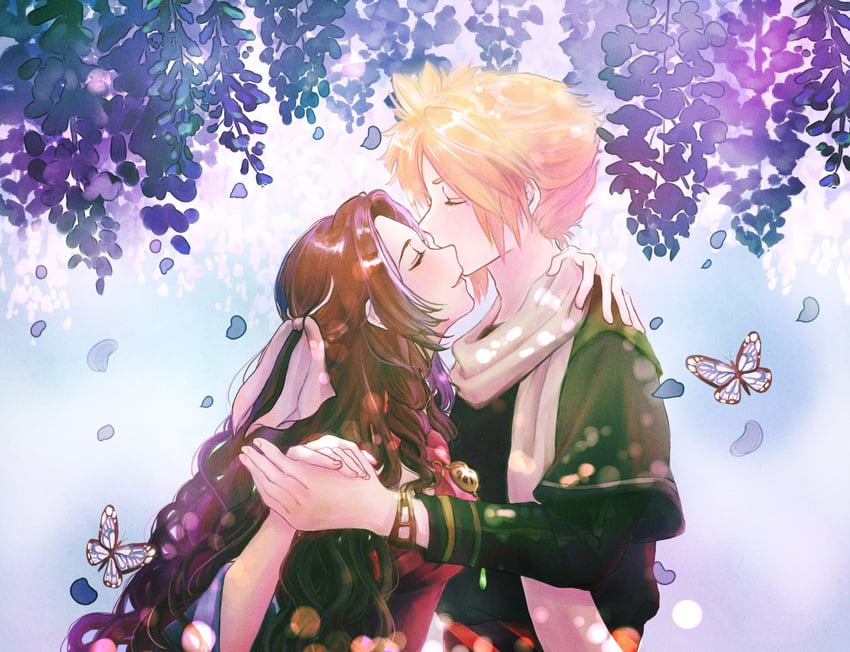 cloud strife and aerith gainsborough (final fantasy and 2 more) drawn by lenak