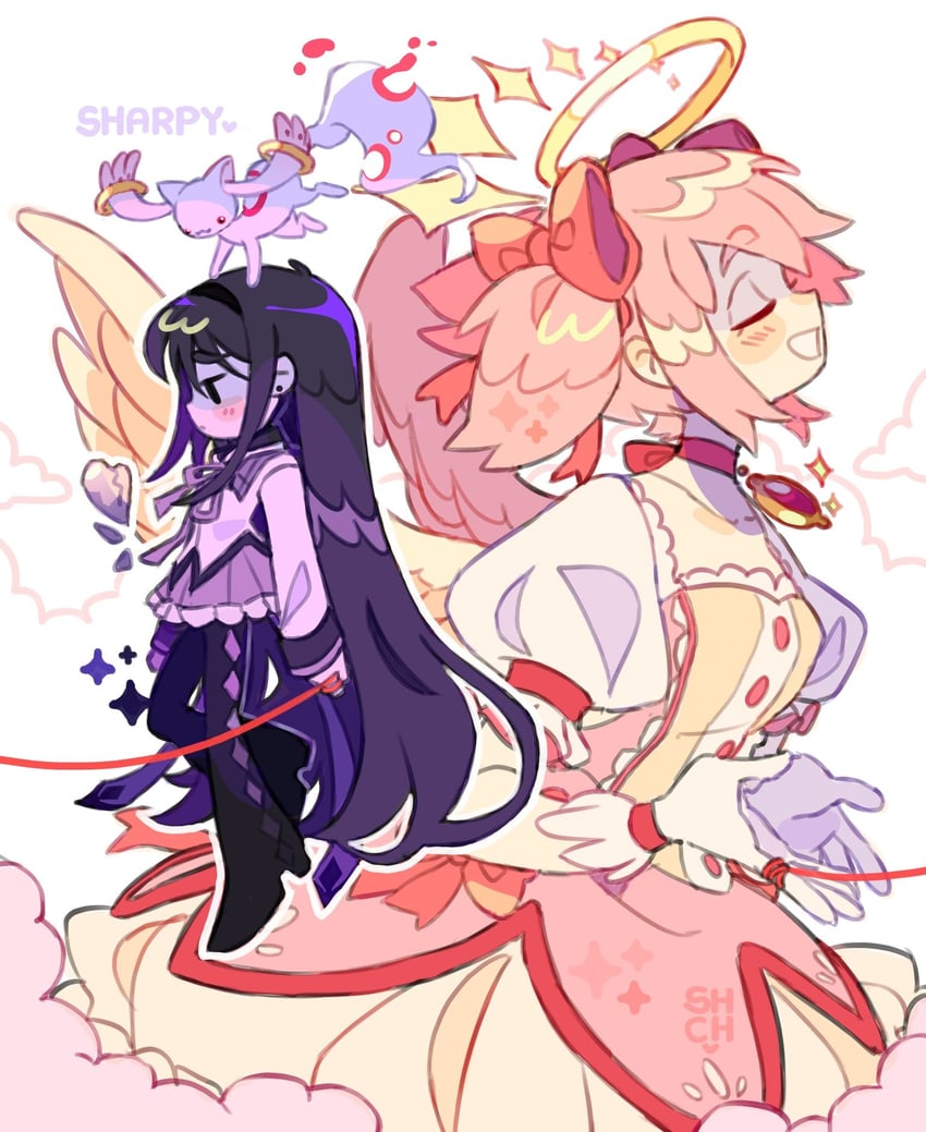 akemi homura, kaname madoka, and kyubey (mahou shoujo madoka magica) drawn by sharpycharot