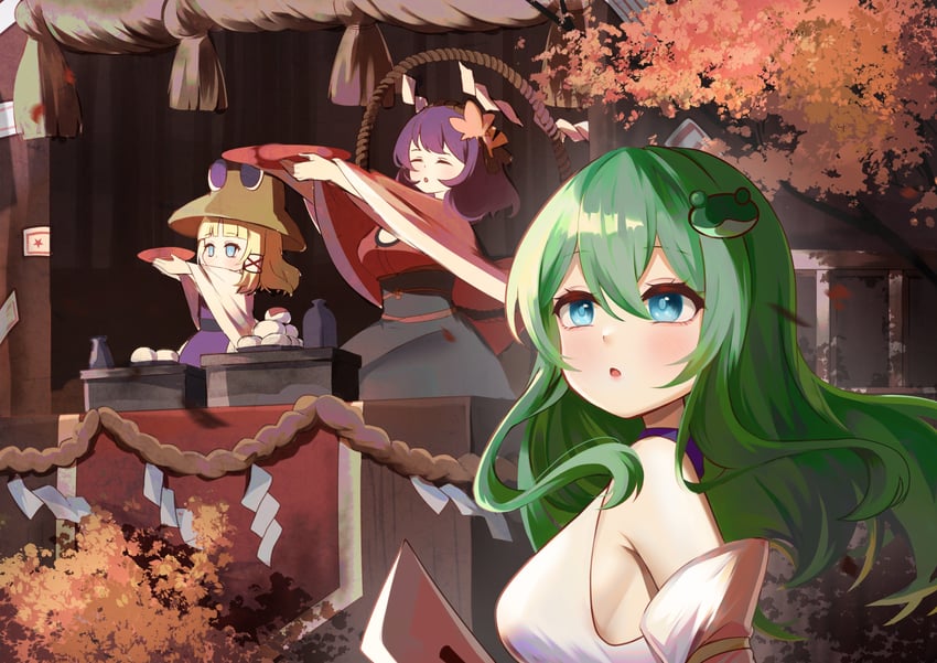 kochiya sanae, moriya suwako, and yasaka kanako (touhou) drawn by no_noru