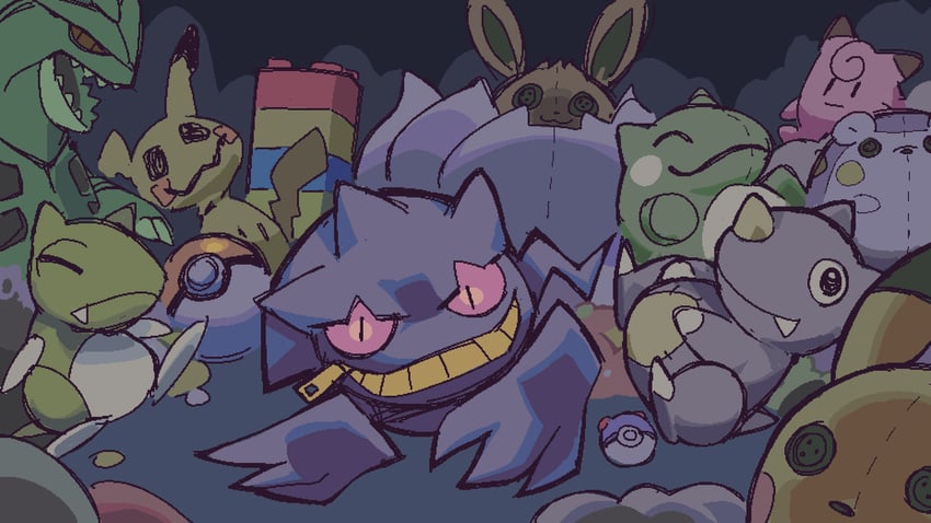 pikachu, eevee, mimikyu, clefairy, banette, and 5 more (pokemon) drawn by caliginousarts
