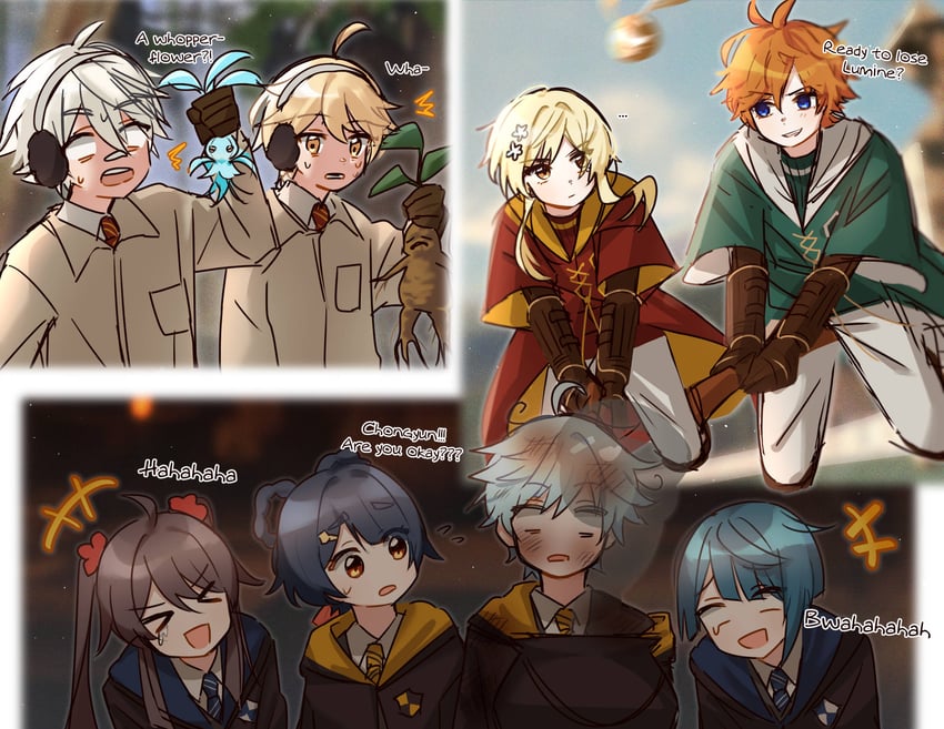 lumine, hu tao, aether, tartaglia, xingqiu, and 4 more (genshin impact and 2 more) drawn by zhacaitan