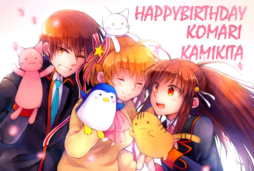 natsume rin, kamikita komari, natsume kyousuke, and doruji (little busters!) drawn by rakka